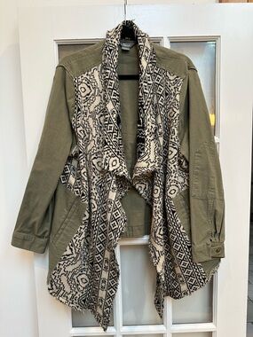 Natural Reflections Open Front Boho Jacket Olive Western Aztec Plus Size 1X